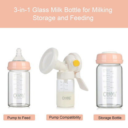 COMI Wide Neck Glass Breastmilk Collection n Storage Bottle, 4 Packs,10oz with Screw Ring Sealing Disk,Re-markable Sealing Disc,BPA Free,Fits Breast Pumps&Nipples(4 Green Lids)
