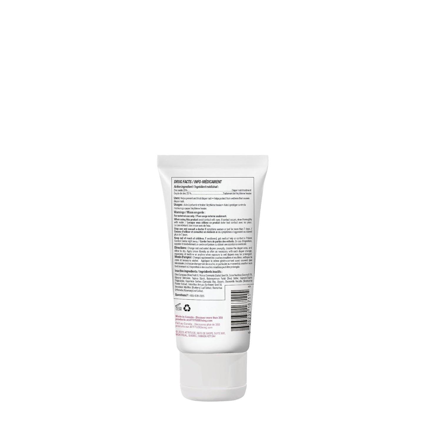 ATTITUDE Baby Diaper Cream, EWG Verified & Zinc Oxide Formula, Unscented & Hypoallergenic, Dermatologist-Tested, Vegan, 75g