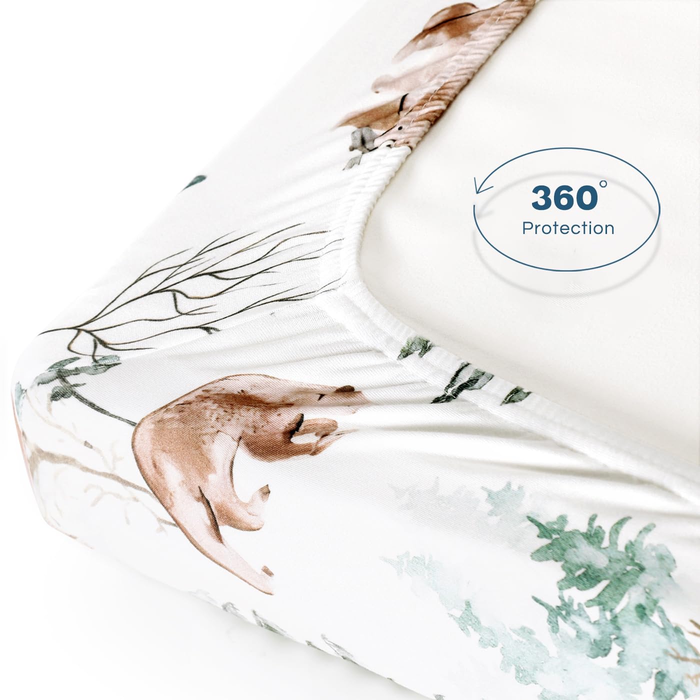 GRSSDER Stretch Ultra Soft Jersey Knit Fitted Pack n Play Playard Sheets Set 2 Pack，Fits Portable/Mini Cribs Sheets, Playards Mattress Pads, Stylish Watercolor Animals for Baby, Mint Green