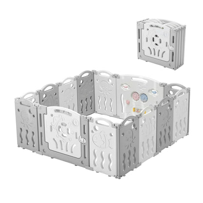 Albott Baby Fence Kid Playpen 18 Panel Albott Play Yard - Foldable Kids Safety Activity Center Playard Safety Lock Gate,Adjustable Shape, Portable Design for Indoor and Outdoor (18 Panel, Grey+White)