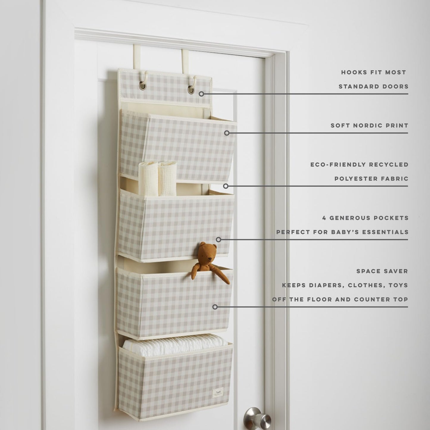 3 Sprouts Over the Door Organizer -Hanging Baby Organizers & Storage with 4 Large Pockets & 2 Hooks for Baby Clothes, Toy, Stuffed Animal -Newborn Essential for Nursery & Toddler Rooms - Gingham Beige