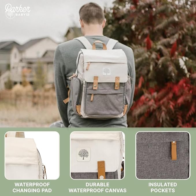 Parker Baby Diaper Backpack - Large Diaper Bag with Insulated Pockets, Stroller Straps and Changing Pad -"Birch Bag" - Cream