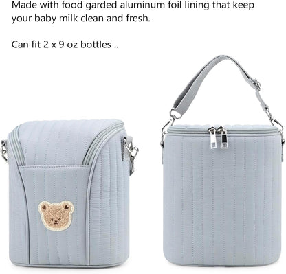 Lmbabter Embroidered Bear Stroller Organizer Tote Bag, Bottle Insulation Pouch, Portable Cooler Storage Essential for Milk/Breast Pump,Baby Travel Supplies (Black)