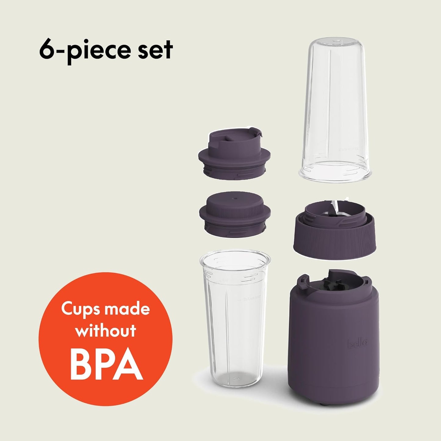 bella 6 Pcs Portable Rocket Blender, Juicer & Smoothie Maker, Press & Twist Design, EverGood™ & BPA Free Dishwasher Safe Parts, 4 Tip Stainless Steel Blade, Cord Wrap, 240 Watt Motor, Oatmilk