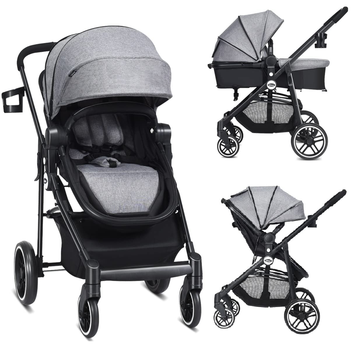 INFANS 2 in 1 Baby Stroller, High Landscape Infant Stroller & Reversible Bassinet Pram, Foldable Pushchair with Adjustable Canopy, Storage Basket, Cup Holder, Suspension Wheels (Black)