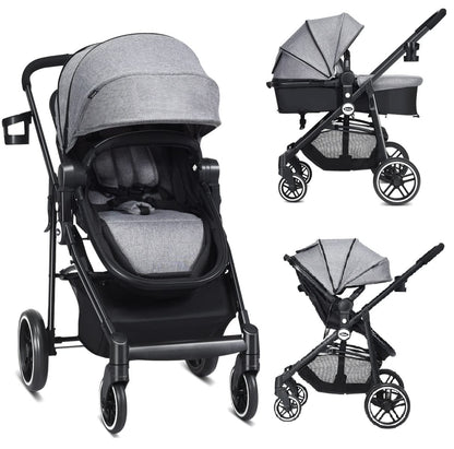 INFANS 2 in 1 Baby Stroller, High Landscape Infant Stroller & Reversible Bassinet Pram, Foldable Pushchair with Adjustable Canopy, Storage Basket, Cup Holder, Suspension Wheels (Black)