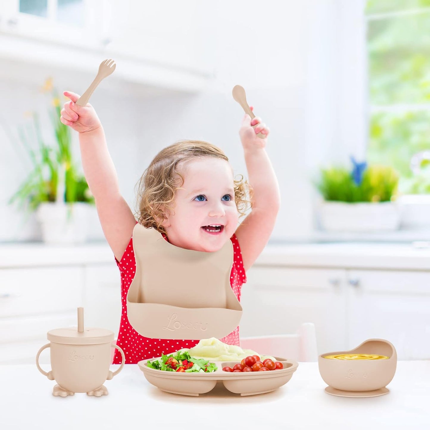 Silicone Feeding Set|Baby Led Weaning Supplies|Suction Plate Bowl Set with Bib, Spoon, Fork, Sippy Cup|Feeding Eating Supplies BPA Free