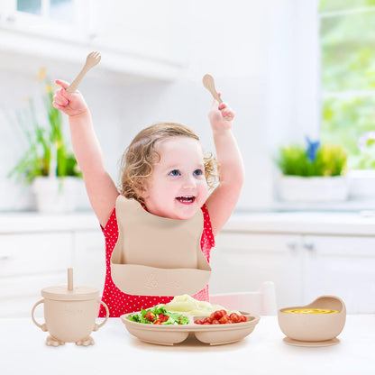 Silicone Feeding Set|Baby Led Weaning Supplies|Suction Plate Bowl Set with Bib, Spoon, Fork, Sippy Cup|Feeding Eating Supplies BPA Free