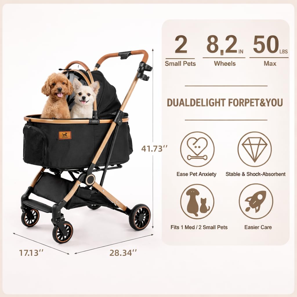 Premium Dog Stroller for Small & Medium Dogs, 6 in 1 Luxury Foldable Pet Stroller with Detachable Carrier, Travel Cat Stroller with 360° Rotating Wheels, Detachable Pet Car Seat, Black