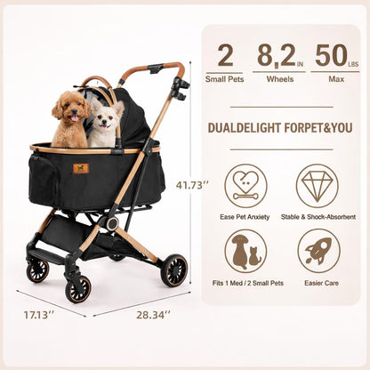 Premium Dog Stroller for Small & Medium Dogs, 6 in 1 Luxury Foldable Pet Stroller with Detachable Carrier, Travel Cat Stroller with 360° Rotating Wheels, Detachable Pet Car Seat, Black