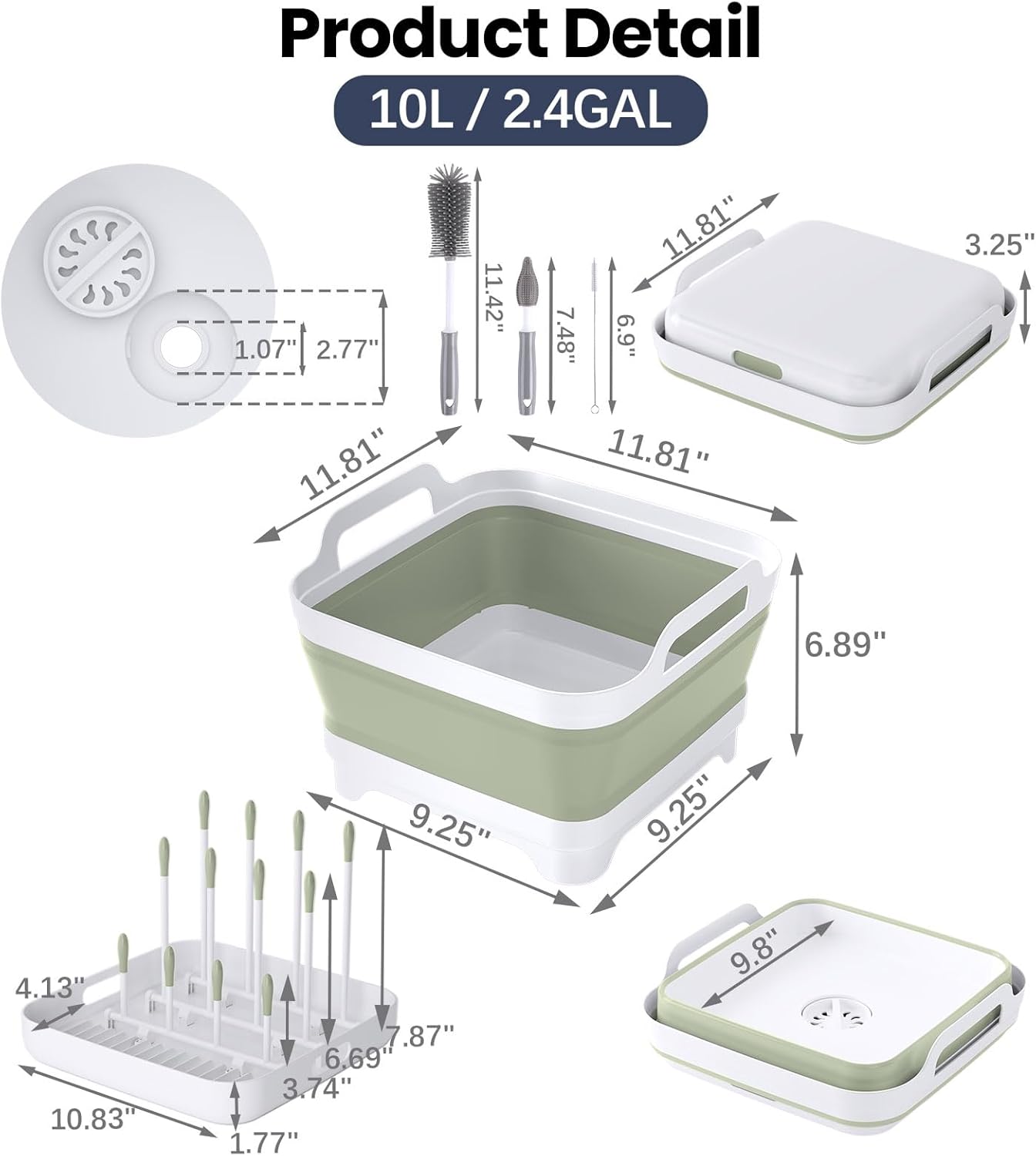 Volnamal Collapsible Wash Basin for Baby Bottles - Portable 2.4 Gallon Dish Tub with Drying Rack & Lid, Foldable Sink for Camping, Outdoor Space-Saving Tub for Kitchen, RV, Camping, Outdoor Use