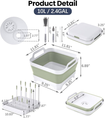 Volnamal Collapsible Wash Basin for Baby Bottles - Portable 2.4 Gallon Dish Tub with Drying Rack & Lid, Foldable Sink for Camping, Outdoor Space-Saving Tub for Kitchen, RV, Camping, Outdoor Use
