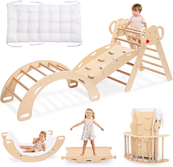WINGYZ Pikler Triangle Set, Montessori Foldable 8-in-1 Jungle Gym with Reversible Animal Slide, Patent-Protected Climbing Set, Safe 2.35" Gap ASTM F963 Standards for Toddlers 18 Months-7 Years (Teak)