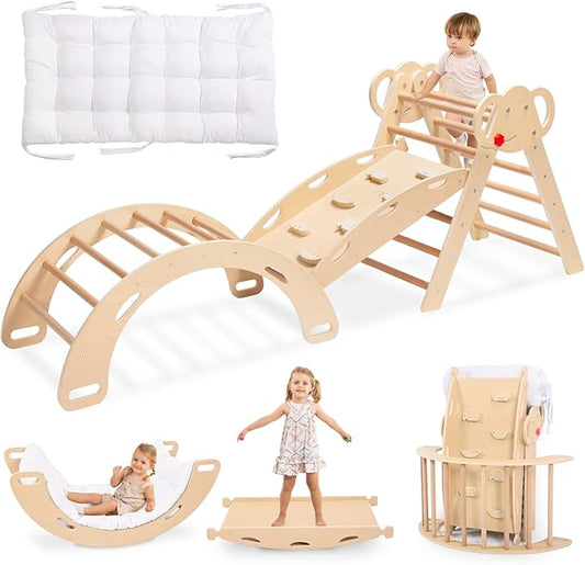 WINGYZ Pikler Triangle Set, Montessori Foldable 8-in-1 Jungle Gym with Reversible Animal Slide, Patent-Protected Climbing Set, Safe 2.35" Gap ASTM F963 Standards for Toddlers 18 Months-7 Years (Teak)