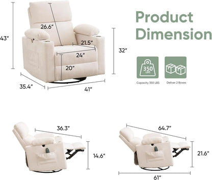Rocking Chair Nursery with Adjustable Armrest for Breastfeeding, Glider Recliner Nursery Chair with Massage and Heat, Power Swivel Rocker Recliner with Adjustable Headrest, Corduroy, Beige