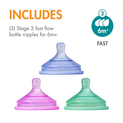 Boon Nursh Food-Grade Silicone Baby Bottle Nipples - Fast Flow - Baby Bottle-Feeding Supplies Fits All Boon Nursh Bottles - Colorblock - 3 Count - Ages 6 Months and Up