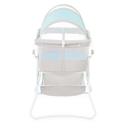 Dream On Me Karley Bassinet, Award Winner Lightweight Travel Baby Bassinet, Foldable Bedside Sleeper, Adjustable Double Canopy, Spacious Design, Soft Fabric, Storage Basket – Blue and Grey