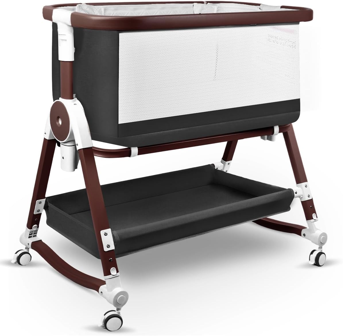 suihuooo 4 in 1 Baby Bassinet, Bassinets Bedside Sleeper with Wheels and Storage Basket, Adjustable 7 Heights Bedside Sleeper with Mosquito Net, Breathable Mesh Rocking Bassinet for Baby