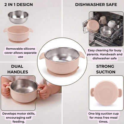 Stainless Steel Baby Suction Bowls with Handles 2 Pack, Non-Slip Children Food Bowl with Silicone Sleeve for Kids Toddlers Infants, Unbreakable & Non Toxic (Sage Green & Mocha Mousse)