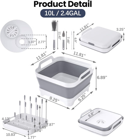Volnamal Collapsible Wash Basin for Baby Bottles - Portable 2.4 Gallon Dish Tub with Drying Rack & Lid, Foldable Sink for Camping, Outdoor Space-Saving Tub for Kitchen, RV, Camping, Outdoor Use