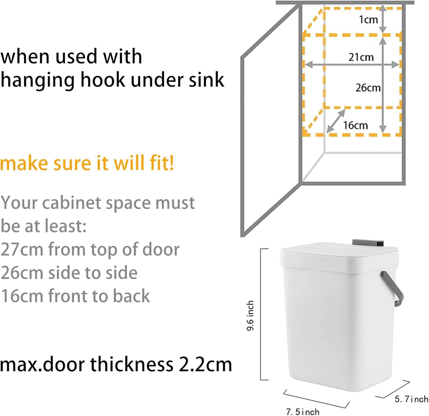 stonespace Under Sink Trash Can，Kitchen Compost Bin, Diaper Pail, 3.2 Gallon/12L Hanging Garbage Can for Baby Crib/Bathroom/Cupboard, Plastic Food Waste Bin,1 Pack Black