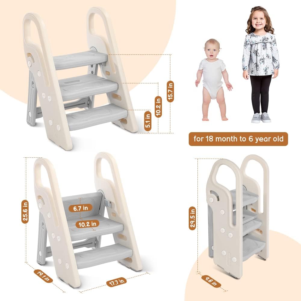 Onasti Foldable Toddler Step Stool for Bathroom Sink, Adjustable 3 Step Stool for Kids Toilet Potty Training Stool with Handles, Child Kitchen Counter Stool Helper, Plastic Ladder for Toddlers Pink