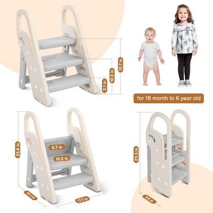 Onasti Foldable Toddler Step Stool for Bathroom Sink, Adjustable 3 Step Stool for Kids Toilet Potty Training Stool with Handles, Child Kitchen Counter Stool Helper, Plastic Ladder for Toddlers Pink