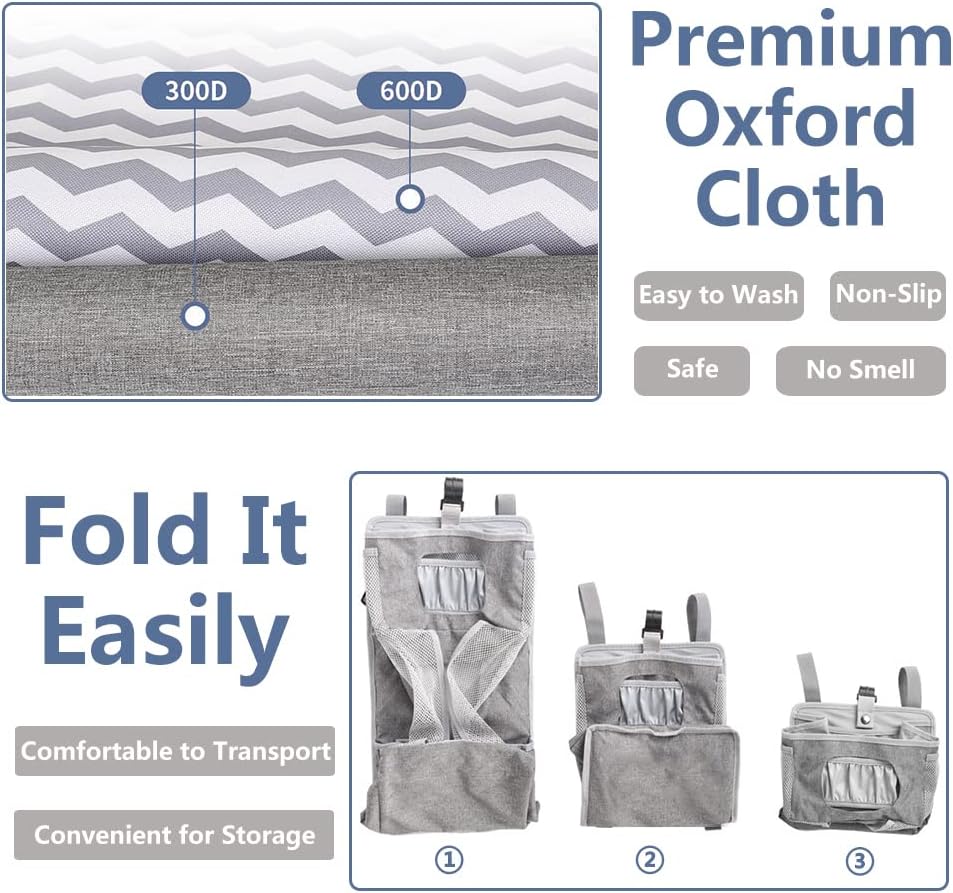 Hanging Diaper Caddy Organizer for Crib, Baby Diaper Holder with 3 Compartments, Water-Resistant Nursery Storage Bag for Changing Table, Playard, Wall, Ripple Grey