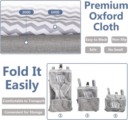 Hanging Diaper Caddy Organizer for Crib, Baby Diaper Holder with 3 Compartments, Water-Resistant Nursery Storage Bag for Changing Table, Playard, Wall, Ripple Grey