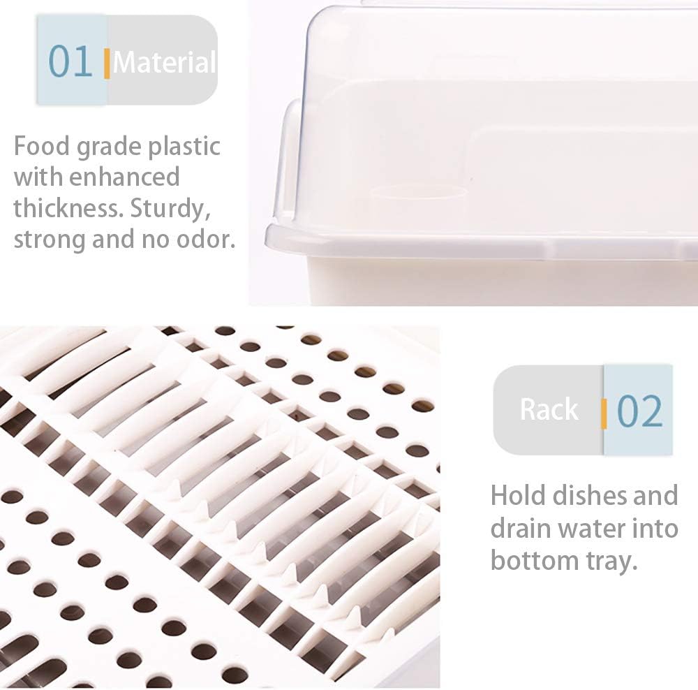 Tomorotec Medium Size Dish Drying Rack and Drain Board with Lid Cover, 16" x 12.2" x 10.6" Nursing Bottle Holder, Kitchen Plate Cup Tray Cutlery Drainer