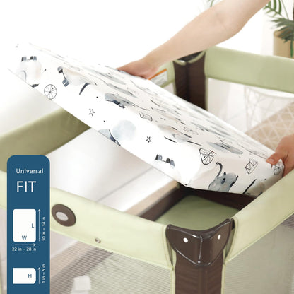 GRSSDER Stretch Ultra Soft Jersey Knit Fitted Pack n Play Playard Sheets Set 2 Pack，Fits Portable/Mini Cribs Sheets, Playards Mattress Pads, Stylish Watercolor Animals for Baby, Mint Green