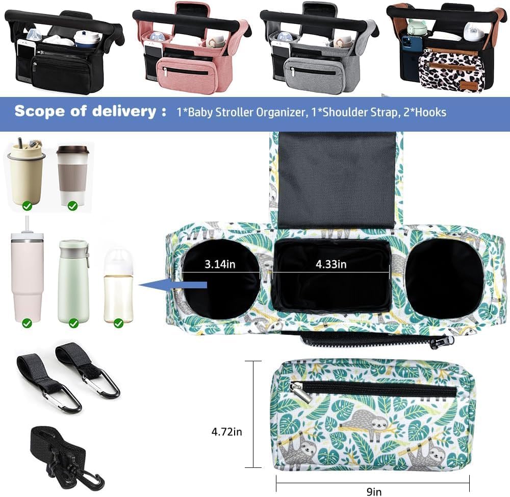 Baby Stroller Organizer, Universal Stroller Organizer with Detachable Phone Bag, Stroller Caddy with 2 Insulated Cup Holders, Buggy Organizer Bag with 2 Hooks Fits Most Strollers (Balck)