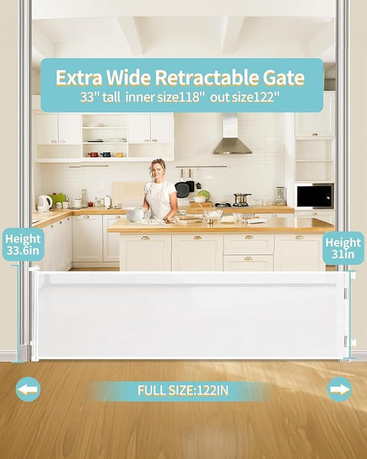 Retractable Baby Gate for Stairs – 33” Height, Expands up to 118” Width – Safety Gate for Infants, Toddlers, Dogs & Pets – Easy Install, Secure Closure, White Mesh Design for Indoor & Outdoor Use