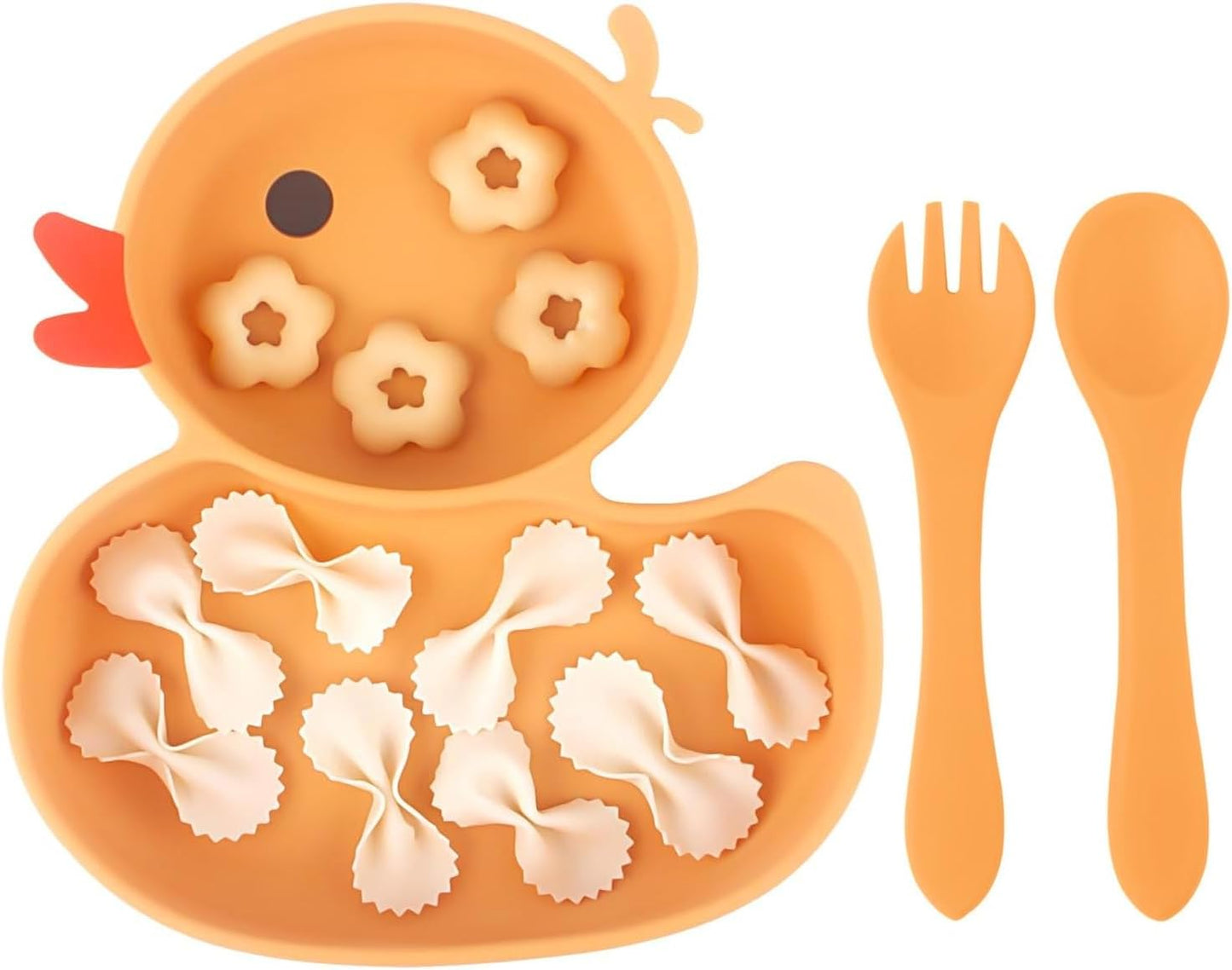 Qshare Powerful Suction Plates for Baby and Toddler,Baby Divided Plate,Thanksgiving Plates with Fork and Spoon,Duck Baby Plate Non-Slip,BPA Free,Microwave & Dishwasher Safe (Orange)