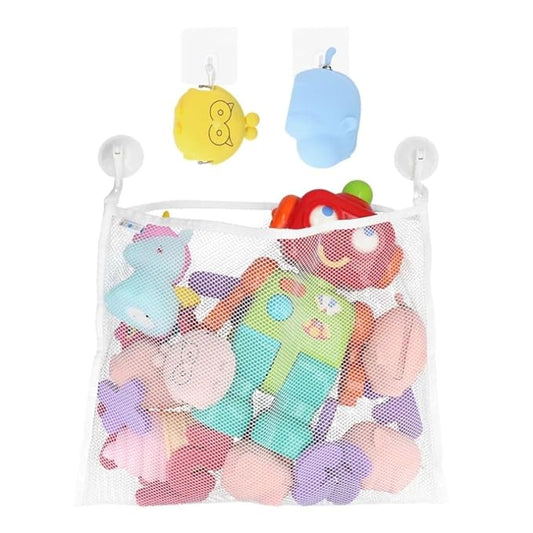 Bath Toy Organizer Includes Suction Cup Hooks and Adhesive Hooks and Tub Toy Mesh Bag White