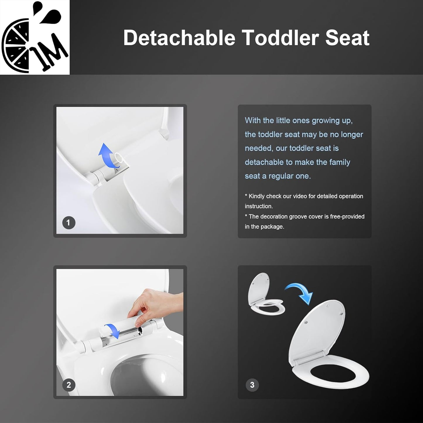 1M Family Toilet Seat, Patented Slow Close & Quick Releasing Technology, Anti-Wiggling, Easy to Install and Clean, Standard Elongated with Toddler Seat Built In (1 Piece)