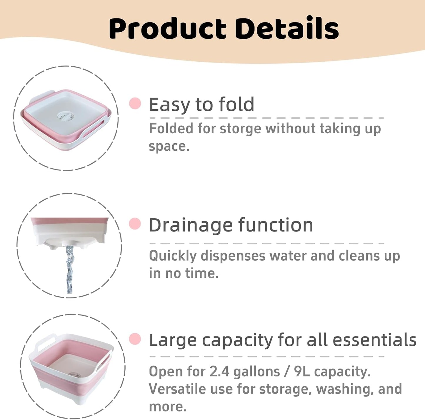 GIMWA Collapsible Wash Basin for Baby Bottles - 2.4 Gallons Portable Wash Bin for RV Camping Sink, Space-Saving Dish Tub (Pink)