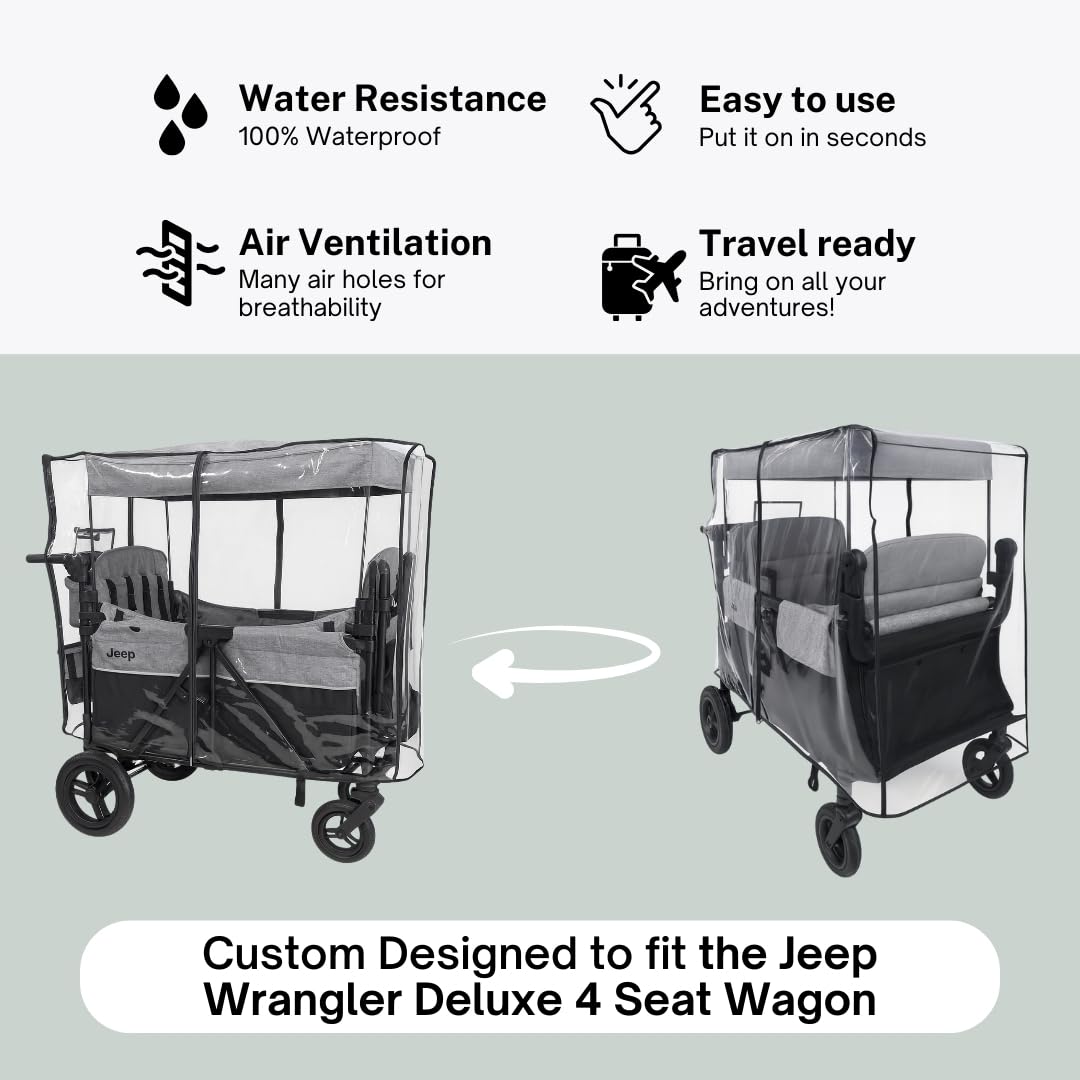 Rain Cover for the Jeep Wrangler Deluxe 4 Seater by SASHA'S – Clear, Maximum Coverage, (Stroller Wagon Not Included)