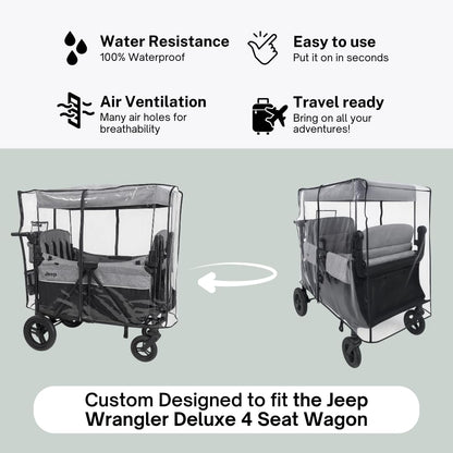 Rain Cover for the Jeep Wrangler Deluxe 4 Seater by SASHA'S – Clear, Maximum Coverage, (Stroller Wagon Not Included)