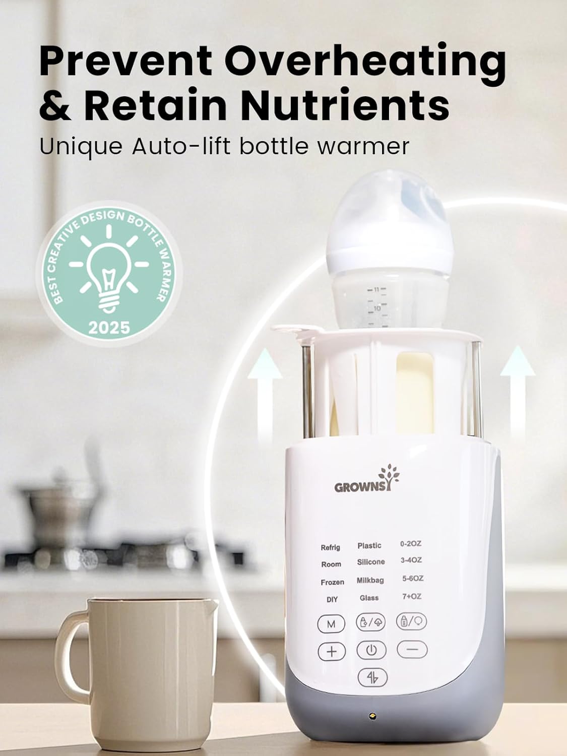 Grownsy Nutri Bottle Warmer with Innovative Auto-Lift Feature, 10-in-1 Fast Baby Bottle Warmer with Night Light, Retain Nutrients Milk Warmer for All Bottles