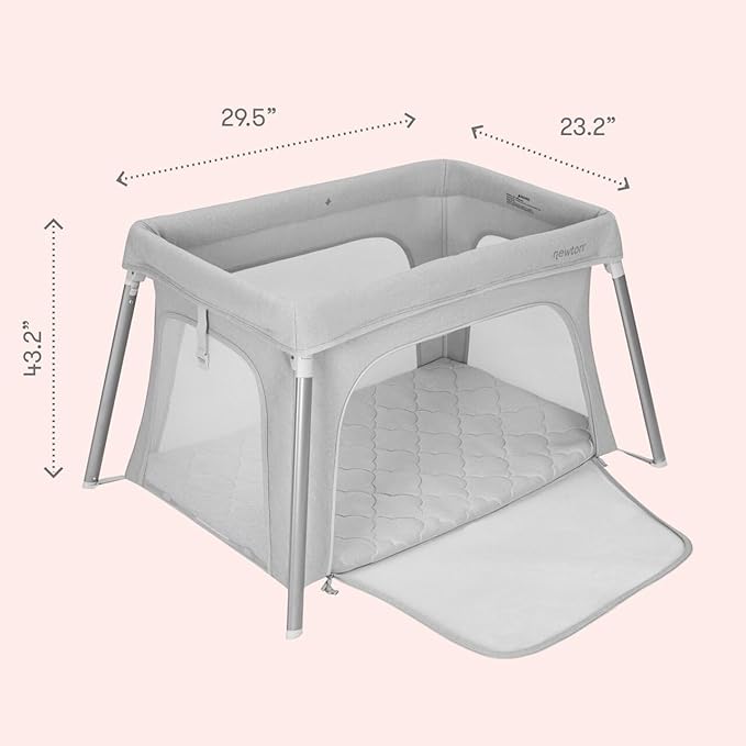 Newton Baby Compact Travel Crib & Play Yard | Breathable & Washable Mattress, Foldable Carry-On Size, Backpack Straps, Grey, Newton Bassinet Attachment NOT Included or Compatible