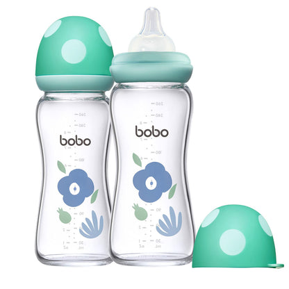 YOHKOH Natural Glass Baby Bottle with Level 1 Slow Flow Nipple, Newborn Anti-Colic Baby Bottles, Wide Neck Mushroom Baby Glass Bottle (Multicolour-A, 3.4oz (Pack of 4))