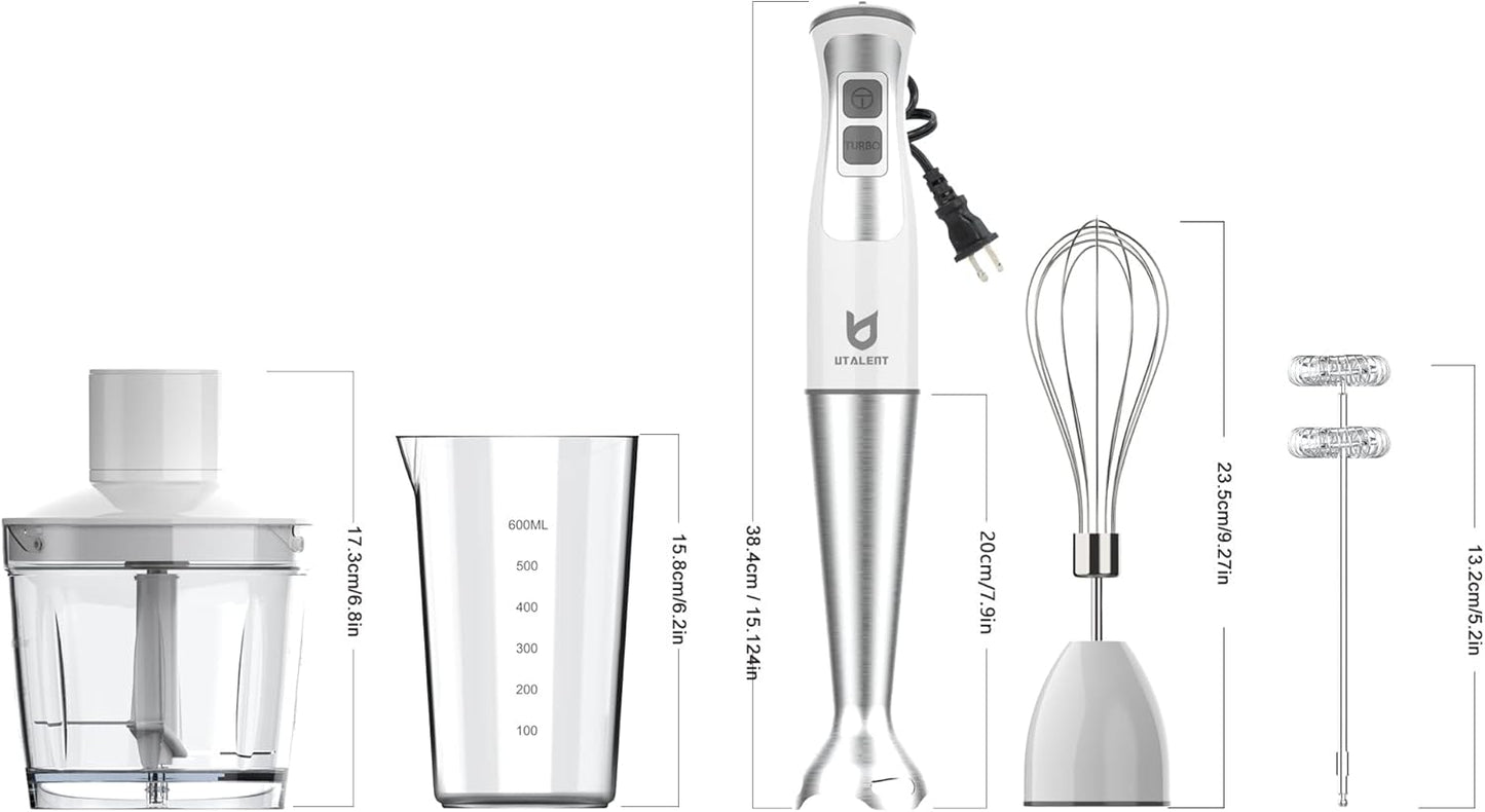 Immersion Hand Blender, UTALENT 5-in-1 8-Speed Immersion Blender with 500ml Food Grinder, 600ml Container,Milk Frother,Egg Whisk,Puree Infant Food, Smoothies, Sauces and Soups - White