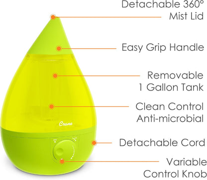 Crane Ultrasonic Cool Mist Humidifier for Bedroom, Baby Nursery, Kids Room, Plants, or Office, Large 1 Gallon Tank, Filter Optional, Clear and White