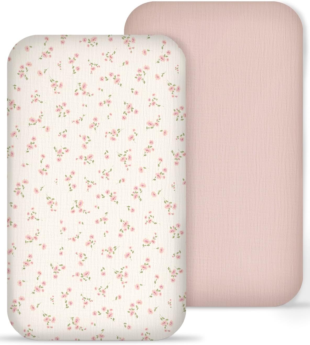 Muslin Bedside Bassinet Sheets 2 Pack, 33x20 Fitted Ultra Soft & Breathable Bedside Sleeper Sheets, Ideal for Baby Girl and Boy, Perfect for Newborns (Hopping Bunnies & Beige)