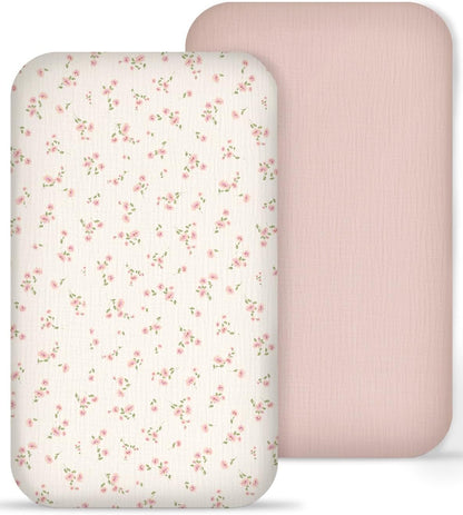 Muslin Bedside Bassinet Sheets 2 Pack, 33x20 Fitted Ultra Soft & Breathable Bedside Sleeper Sheets, Ideal for Baby Girl and Boy, Perfect for Newborns (Hopping Bunnies & Beige)