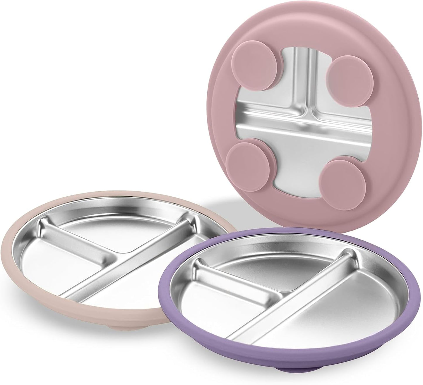 SPMKTQK 3Pack Sainless Steel Kids Plates with Suction, 8.1” Divided Toddler Baby Plates with Removable Silicone Sleeves BPA Free Non-Slip 2-in-1 Anti Breakage Metal Toddler Bowls