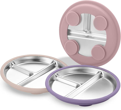 SPMKTQK 3Pack Sainless Steel Kids Plates with Suction, 8.1” Divided Toddler Baby Plates with Removable Silicone Sleeves BPA Free Non-Slip 2-in-1 Anti Breakage Metal Toddler Bowls