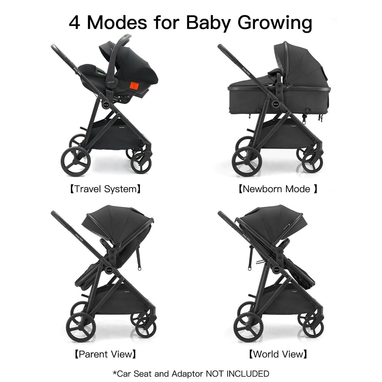 Gromast 3-in-1 Baby Stroller, Convertible Stroller for Newborn Infant Toddler with Reversible Seat, UPF 50+ Canopy & Cup Holder - Black