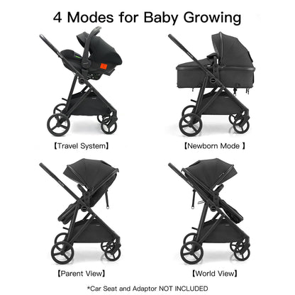 Gromast 3-in-1 Baby Stroller, Convertible Stroller for Newborn Infant Toddler with Reversible Seat, UPF 50+ Canopy & Cup Holder - Black